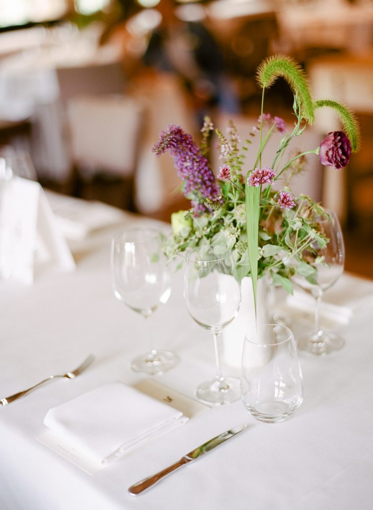 Emma and Izzet Wedding - Greenery and Purple Bloom Low Centerpiece - Blue Hill at Stone Barns NY -Rebecca Yale Photography