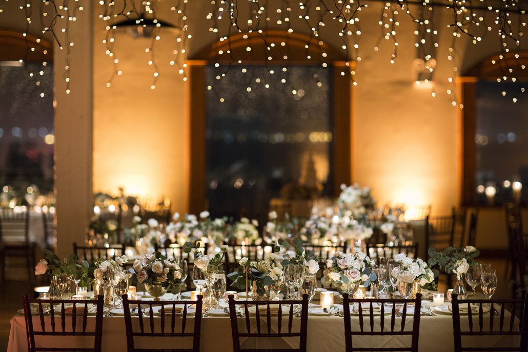 Lauren & Brett Wedding - Low Centerpiece Gold Mercury Glass Quicksand Roses Seeded Eucalyptus Ranunculus - Liberty Warehouse Brooklyn