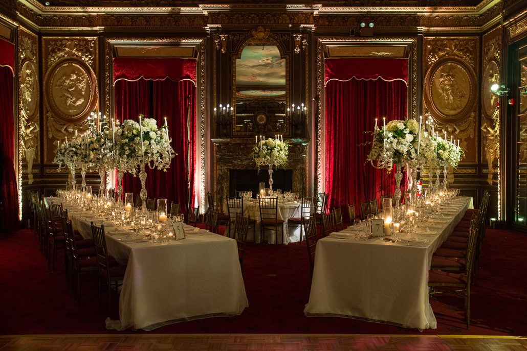 Raphaela & Neil Wedding - High Candelabra Centerpiece Eucalyptus Hydrangea Dendrobium Orchid Lemon Leaf Lisianthus Garden Rose Stock - Metropolitan Club - Hechler Photographers