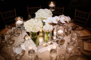 Marisa and Josh Wedding - Low Centerpiece Grouped Arrangements - Gotham Hall - Emma McDonald Weddings