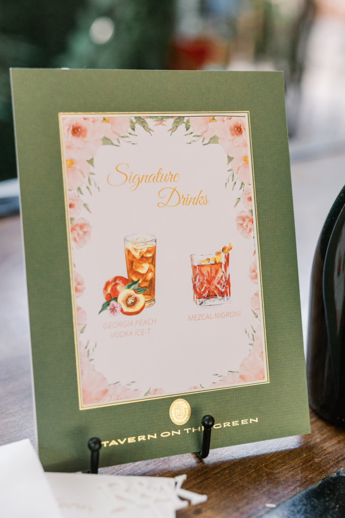 Rebecca and Kevin Wedding - Signature Drinks Sign - Tavern on the Green - Lizzie Burger Photography