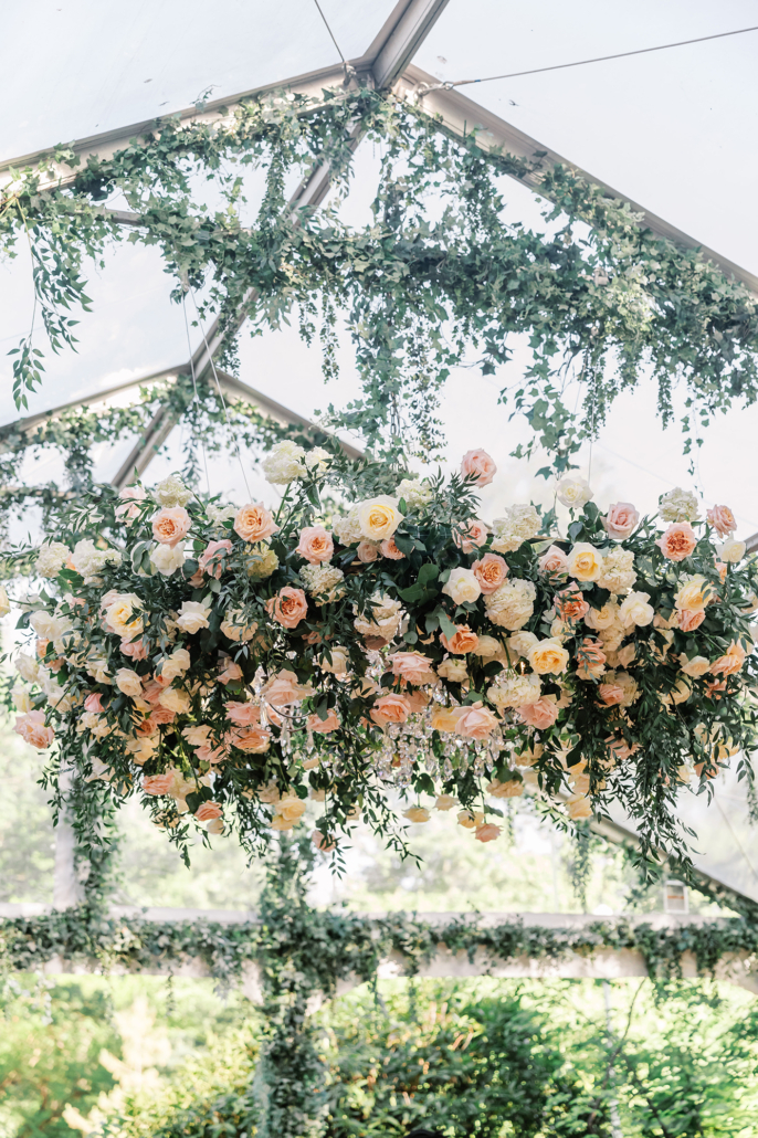 Rebecca and Kevins Wedding Dance Floor Floral Chandelier - Tavern on the Green - Lizzie Burger Photography