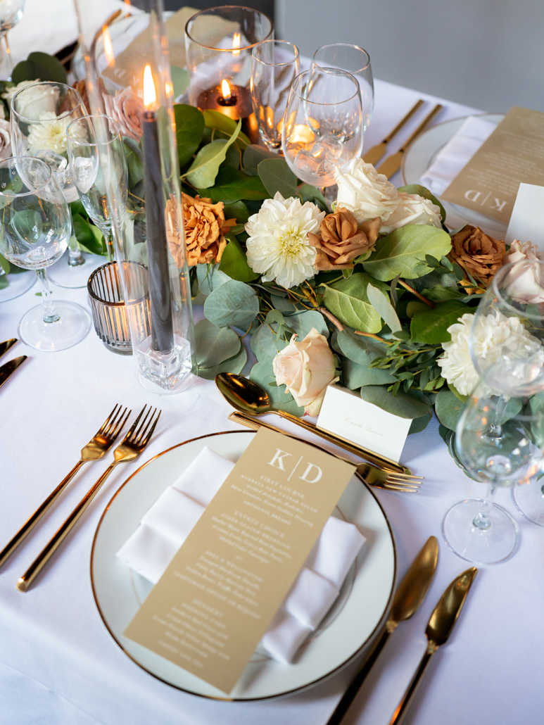 Kristin and Drew Wedding - Floral and Greenery Runner - Place Setting - 620 Loft and Garden - Aran Quinto