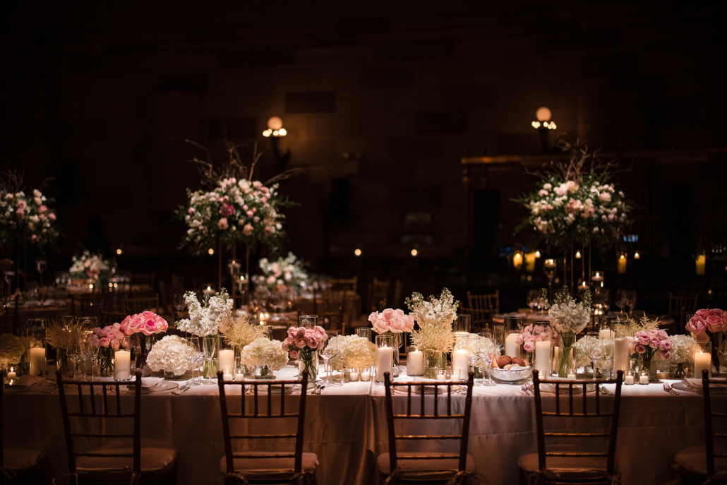 Preeya and Chris Wedding - Low Centepiece Tablescape Reception Atmosphere - Gotham Hall - Susan Stripling Photography