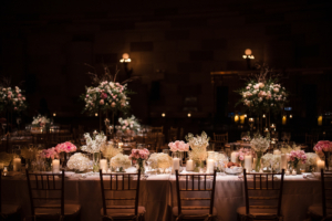 Preeya and Chris Wedding - Low Centepiece Tablescape Reception Atmosphere - Gotham Hall - Susan Stripling Photography