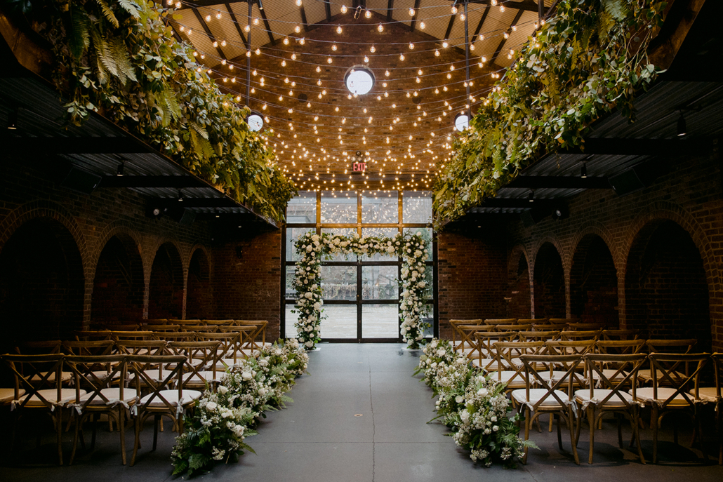 Julia and Nicholas Wedding - Ceremony Atmosphere Floral Arch Aisle Arrangements - The Foundry - Unique Lapin
