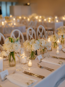 Caroline and Darius Wedding - Tablescape Low Centerpiece - Bridgehampton Tennis and Surf Club - Pat Furey Photography