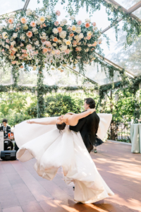 Rebecca and Kevin Wedding - Dance Floor Floral Chandelier Bride and Groom - Tavern on the Green - Lizzie Burger Photography