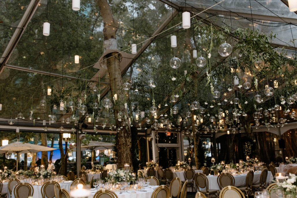 Alessandra and Piet Wedding - Reception Atmosphere Suspended Greenery and Floral Installation - Bryant Park Grill - Shelby Phillips Photography