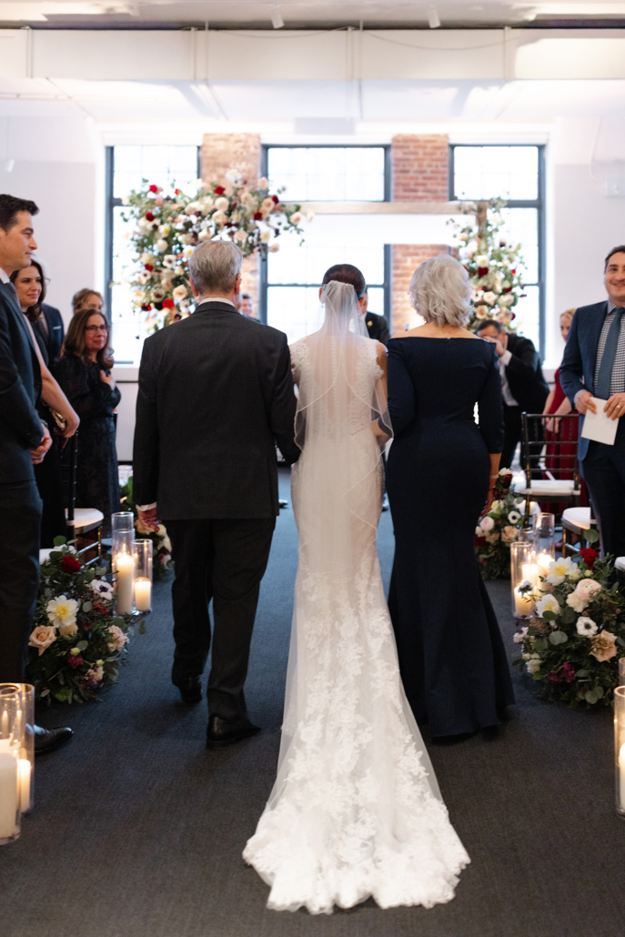 Allison and Brandon Wedding - Bride and Parents Walking Down Aisle - Tribeca Rooftop 360 - Jaymo Jaymes